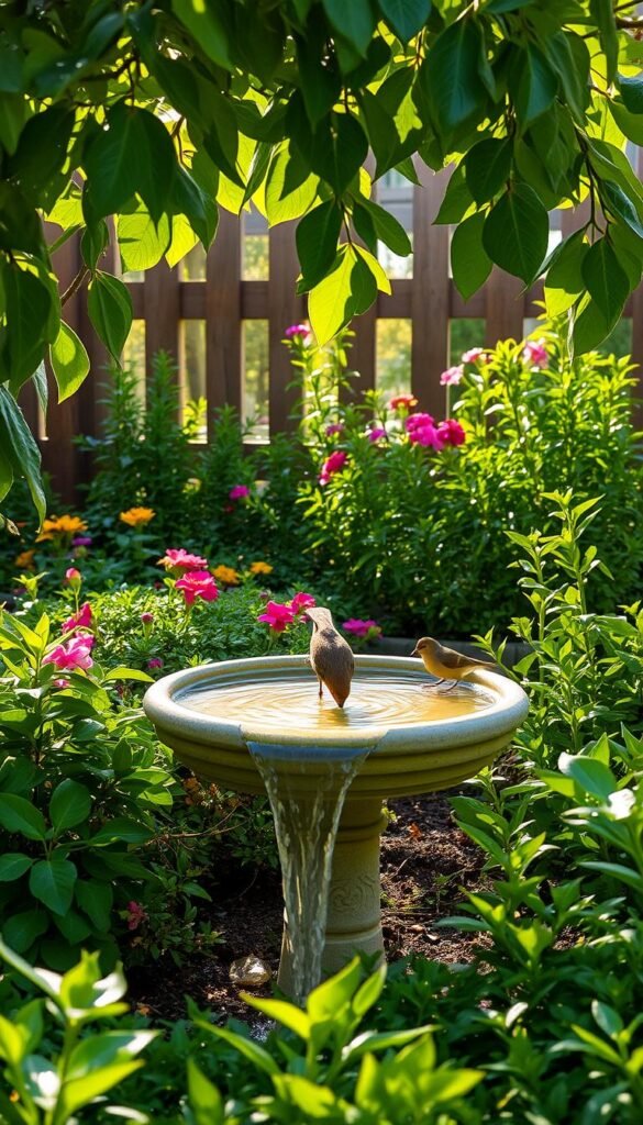 A serene bird bath nestled amidst lush greenery, with a delicate stream trickling into it. The sunlight filters through the leaves, casting a warm, natural glow. In the foreground, a bird perches on the edge, sipping from the clear water. The middle ground features vibrant flowers and bushes, creating a welcoming habitat. In the background, a wooden fence or trellis adds a rustic charm, blending seamlessly with the surrounding environment. The overall scene evokes a sense of tranquility and invites birds to bathe, drink, and thrive in this picturesque oasis.