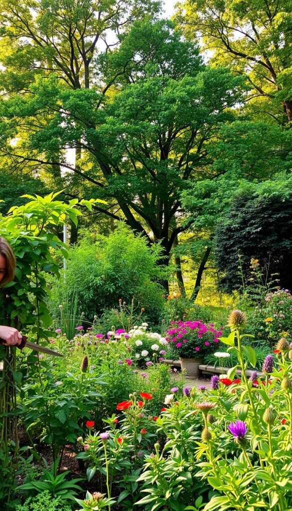A serene, bird-friendly garden during seasonal maintenance. In the foreground, a person carefully trims overgrown foliage, ensuring the plants remain healthy and inviting for local avian visitors. The middle ground showcases a variety of native flowers and shrubs, their vibrant colors attracting a diverse array of birds. In the background, a lush, verdant canopy of trees provides ample shade and shelter for nesting and roosting. Warm, diffused sunlight filters through the leaves, casting a gentle glow over the scene. The overall atmosphere is one of tranquility and harmony, where the human caretaker and the avian residents coexist in a mutually beneficial relationship.