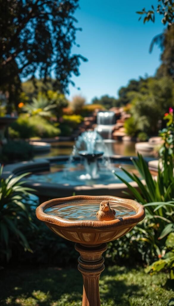 A serene bird garden featuring a variety of water features, bathed in natural sunlight. In the foreground, a birdbath with gently rippling water, inviting feathered visitors to bathe and drink. In the middle ground, a small bubbling fountain surrounded by lush greenery, creating a calming soundscape. In the background, a tranquil pond with a gentle waterfall, its surface reflecting the clear blue sky above. The scene is composed with an eye for balance and harmony, creating an oasis that caters to the needs of birds while evoking a sense of peace and relaxation.