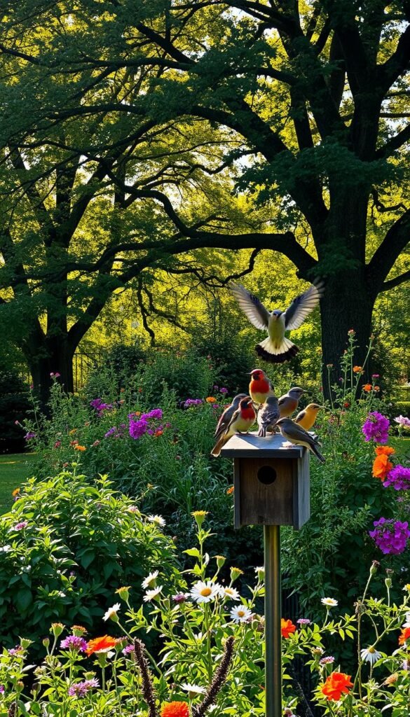 A serene bird garden in the changing seasons. In the foreground, a vibrant cluster of migratory songbirds - robins, warblers, and sparrows - perched on a weathered birdhouse. The middle ground features a lush, overgrown flower bed, bursting with seasonal blooms that attract nectar-feeding hummingbirds. In the background, a canopy of mature trees casts dappled shadows, providing shelter and nesting sites for resident owls and hawks. The lighting is soft and diffused, creating a warm, golden glow that accentuates the natural beauty of the scene. This idyllic setting invites the viewer to pause, observe, and appreciate the cyclical rhythms of avian life throughout the year.