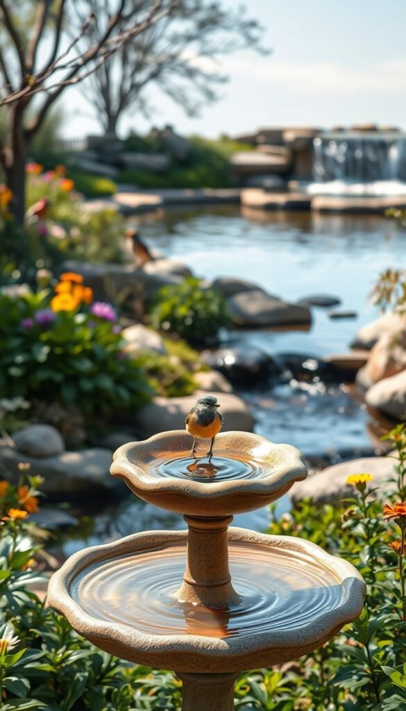 A serene bird garden with an array of inviting water features. In the foreground, a birdbath with gently rippling water, surrounded by lush foliage and flowers. In the middle ground, a small trickling stream flows over smooth rocks, creating a soothing melody. In the background, a serene pond with a gentle waterfall, its surface reflecting the clear sky above. Soft, natural lighting illuminates the scene, creating a peaceful and inviting atmosphere for our feathered friends to bask in. The overall composition evokes a sense of harmony and tranquility, perfectly capturing the essence of a bird-friendly water feature-filled garden.