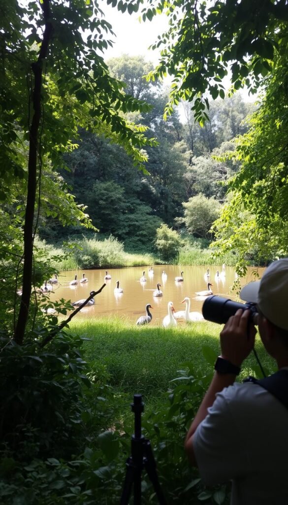 A serene bird sanctuary nestled amidst lush greenery, where sunlight filters gently through the canopy. In the foreground, a birdwatcher observes quietly, binoculars in hand, their presence barely perceptible. The middle ground showcases a tranquil pond, its surface unruffled, providing a peaceful haven for a variety of waterfowl. In the background, dense foliage and trees create a natural barrier, shielding the birds from intrusion. The overall atmosphere is one of reverence and respect, capturing the essence of minimizing disturbance to these winged inhabitants.