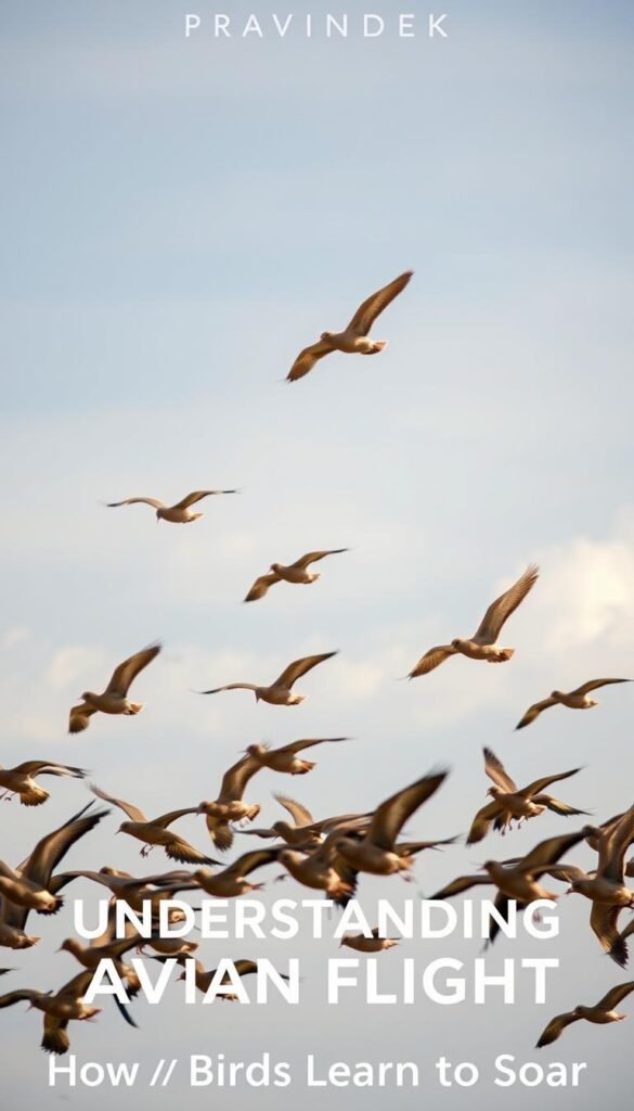 A serene, cloudless sky provides the perfect backdrop for a flock of birds gracefully soaring in unison. In the foreground, a group of young birds, their feathers in shades of brown and gray, flap their wings with focused determination, learning the art of flight. The middle ground captures the elegant sweep of mature birds, their wings outstretched, effortlessly riding the warm thermals that lift them higher. The composition is balanced, with a sense of movement and fluidity, as if capturing a fleeting moment in the endless dance of avian life. Soft, directional lighting casts gentle shadows, highlighting the intricate details of each bird's form. The overall mood is one of tranquility and wonder, perfectly capturing the essence of "Understanding Avian Flight: How Birds Learn to Soar".
