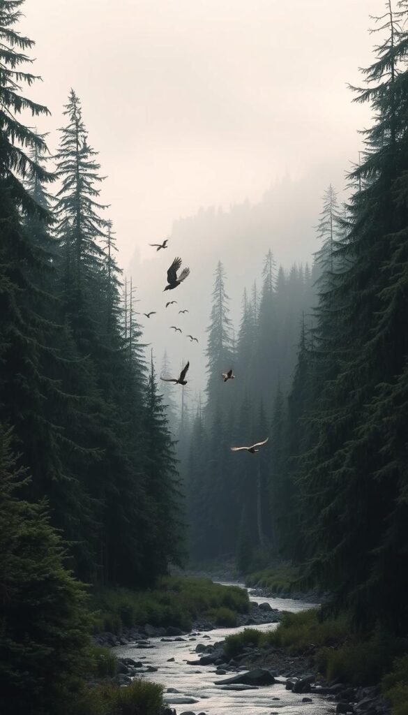 A serene forest landscape in the Pacific Northwest, with towering evergreen trees and a winding stream in the foreground. In the middle ground, a group of birds - some perched on branches, others taking flight - face various challenges, such as habitat loss, invasive species, and human-wildlife conflicts. The background is hazy, with a sense of uncertainty and the need for conservation efforts. Soft, diffused lighting illuminates the scene, creating a contemplative and emotive atmosphere.