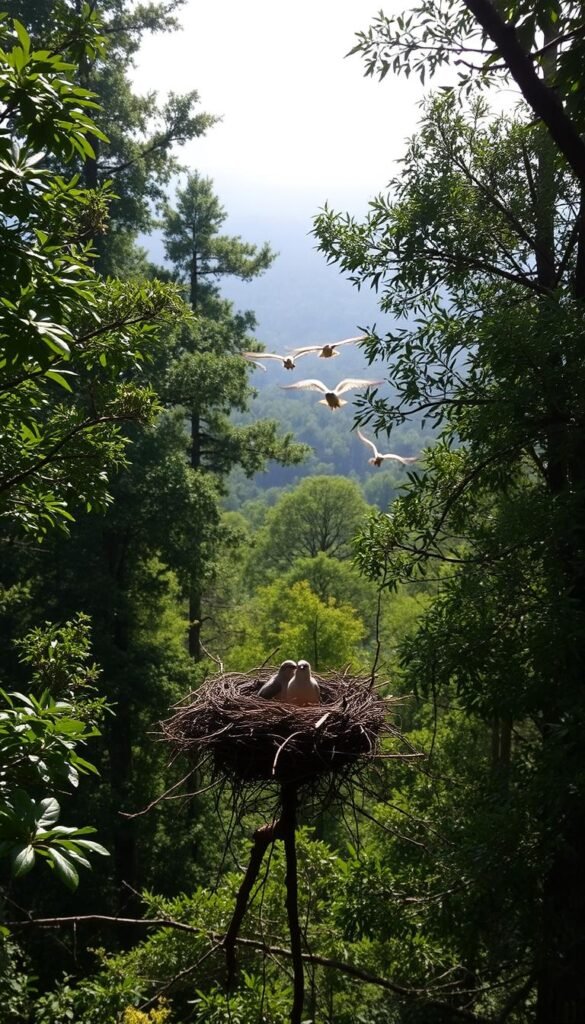 A serene forest landscape, with sunlight filtering through the lush foliage. In the foreground, a nest perched precariously on a branch, its occupants vulnerable to the changing climate. In the middle ground, birds of various species struggle to adapt to their shifting habitats, their flight patterns disrupted by unpredictable weather patterns. In the background, a hazy horizon suggests the far-reaching impact of global warming, casting an uncertain shadow over the avian inhabitants. The scene evokes a sense of fragility and the indirect consequences that climate change has on delicate bird populations.