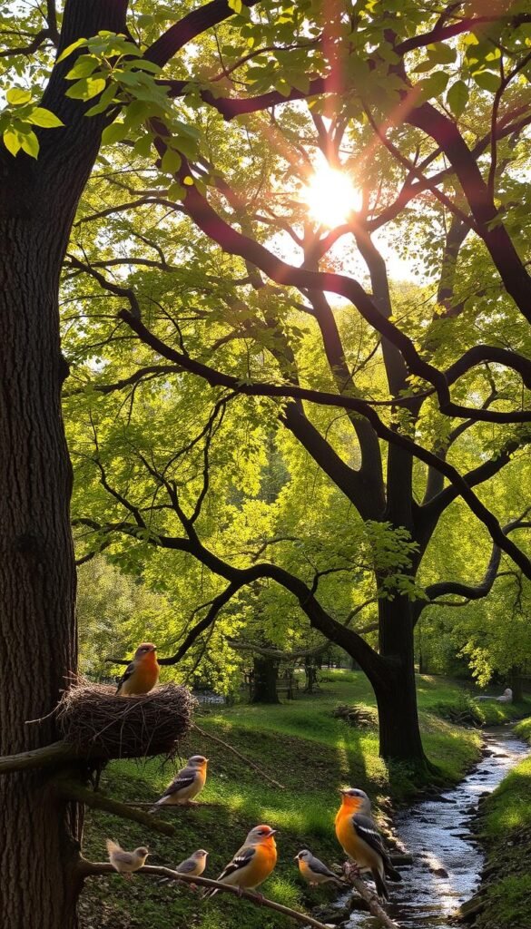 A serene forest scene featuring a canopy of majestic oak trees, their branches adorned with vibrant green leaves. Sunlight filters through the foliage, casting a warm, golden glow over the scene. In the foreground, a bird's nest is nestled amidst the oak branches, its inhabitants chirping melodiously. The middle ground showcases a diverse array of smaller birds, their colorful plumage contrasting beautifully against the rich, textured bark of the oak trees. In the background, a gentle stream meanders through the undergrowth, adding a soothing ambiance to the tranquil setting. The overall mood is one of natural harmony, where the oak trees provide a welcoming sanctuary for a variety of songbirds throughout the year.