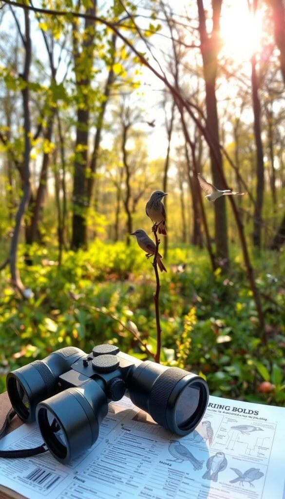 A serene forest scene in early spring, where a birdwatcher stands amidst a vibrant landscape. Sunlight filters through the lush foliage, casting a warm glow on the birder's face as they intently observe a nearby bird perched on a branch. In the foreground, a pair of binoculars rests on a field guide, while in the background, a variety of migratory birds flutter between the trees, their calls echoing through the tranquil setting. The composition captures the essence of seasonal birding, inviting the viewer to immerse themselves in the wonder of nature's changing rhythms.