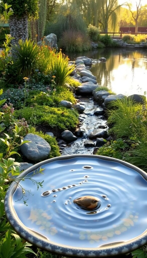 A serene garden landscape with a variety of water features to attract birds. In the foreground, a shallow bird bath filled with clear, gently rippling water, surrounded by lush, verdant foliage. In the middle ground, a small, meandering stream weaving through a mix of native plants and flowers, its banks dotted with smooth river rocks. In the background, a tranquil, reflective pond, its surface mirroring the warm, golden sunlight and the silhouettes of trees swaying in a gentle breeze. The overall scene evokes a sense of peacefulness and harmony, inviting birds to explore and enjoy this welcoming, bird-friendly oasis.