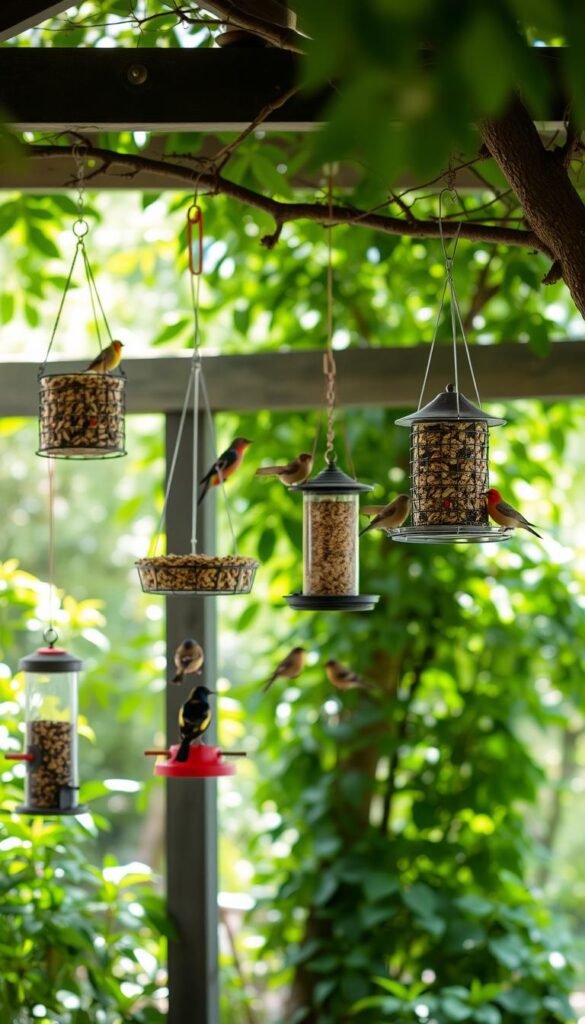 A serene garden oasis, with multiple hanging bird feeders of various shapes and sizes, suspended from sturdy wooden beams and tree branches. The feeders are filled with an array of colorful seeds and grains, attracting a diverse flock of vibrant songbirds. Soft, natural lighting filters through the lush greenery, casting gentle shadows and creating a peaceful, inviting atmosphere. The scene is framed by a backdrop of verdant foliage, hinting at the tranquil setting beyond. The overall composition conveys a sense of balance, harmony, and the delicate relationship between nature and the avian visitors it sustains.