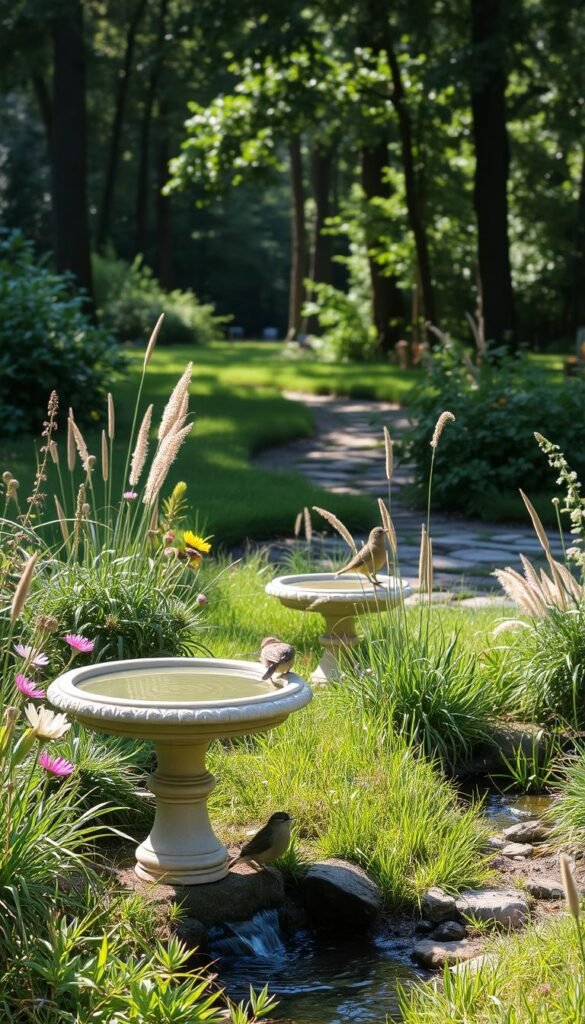 A serene garden setting with a birdbath and a small trickling stream in the foreground, surrounded by lush, native flora such as wildflowers, grasses, and bushes. The lighting is soft and natural, creating a warm, inviting atmosphere. In the middle ground, a few different species of birds are gathered around the water sources, drinking and bathing. The background features a tranquil wooded area with dappled sunlight filtering through the trees. The overall scene conveys a sense of harmony and the welcoming of birds to this backyard oasis.