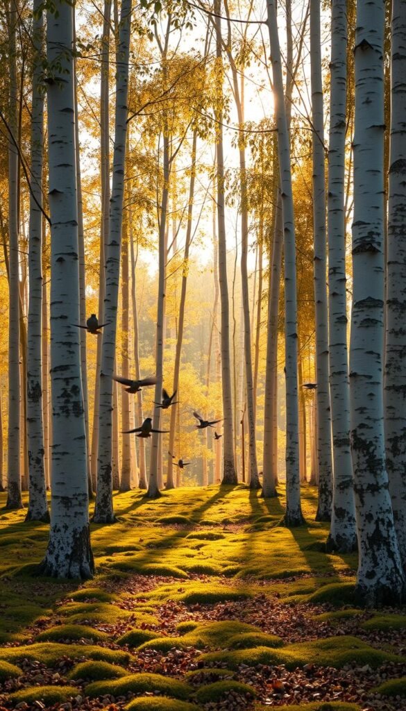 A serene grove of towering birch trees, their slender white trunks gleaming in the soft, warm light of a golden afternoon. The delicate, fluttering leaves cast dappled shadows on the rich, mossy ground below, creating an inviting and tranquil atmosphere. In the foreground, a scattering of birch seeds and the remnants of fallen caterpillars provide a bountiful feast for a variety of songbirds, who flit and flutter amongst the branches, their melodic calls echoing through the peaceful woodland. The scene evokes a sense of harmony between the natural world and the avian life it sustains.