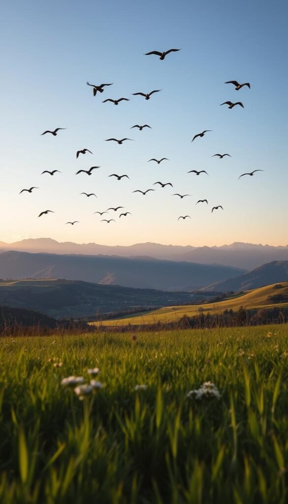 A serene meadow in the foreground, with lush green grass and clusters of wildflowers swaying gently in the breeze. In the middle ground, a scenic vista of rolling hills and majestic mountains, their silhouettes bathed in the warm glow of the setting sun. In the sky above, a flock of migrating birds soars gracefully, their wings outstretched as they navigate the ancient routes that have guided their kind for generations. The scene is illuminated by soft, diffused lighting, creating a sense of tranquility and wonder. The overall composition evokes a feeling of harmony and connection between the natural world and the birds that traverse it.