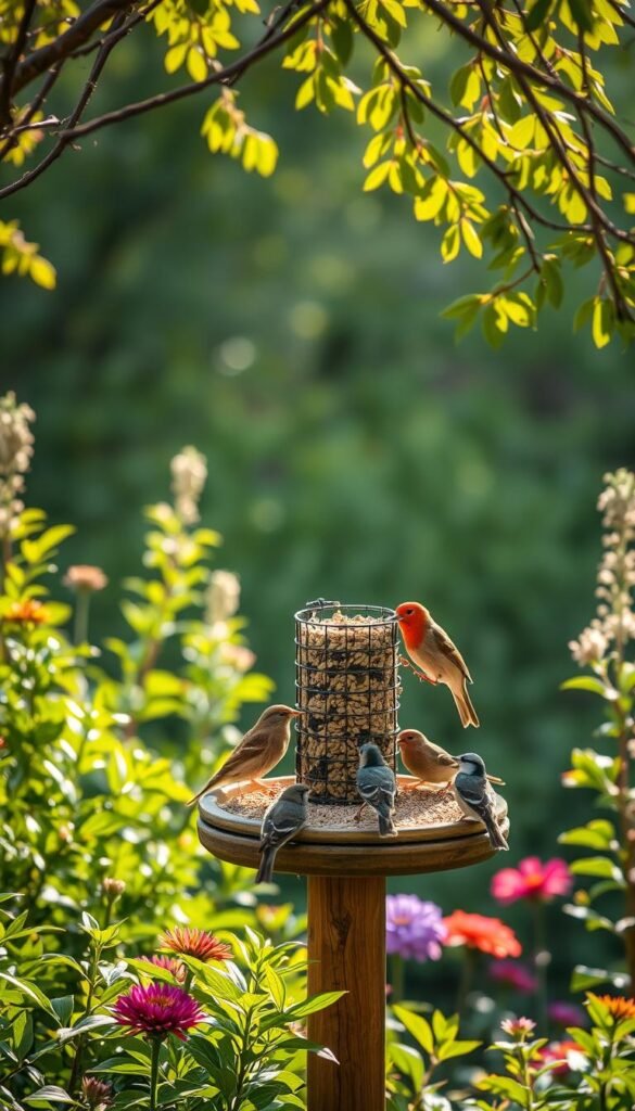 A serene morning scene of a bird feeder surrounded by a lush, verdant garden. The feeder is perched atop a wooden post, casting gentle shadows on the ground below. A variety of colorful birds, including sparrows, finches, and chickadees, are gathered around the feeder, eagerly feeding on the assortment of seeds and suet. Soft, diffused natural lighting filters through the branches of the nearby trees, creating a warm, inviting atmosphere. The background is a harmonious blend of greens, punctuated by the occasional vibrant flower. The overall composition conveys the tranquility and joy of witnessing the daily ritual of birds feeding at the optimal times of day.