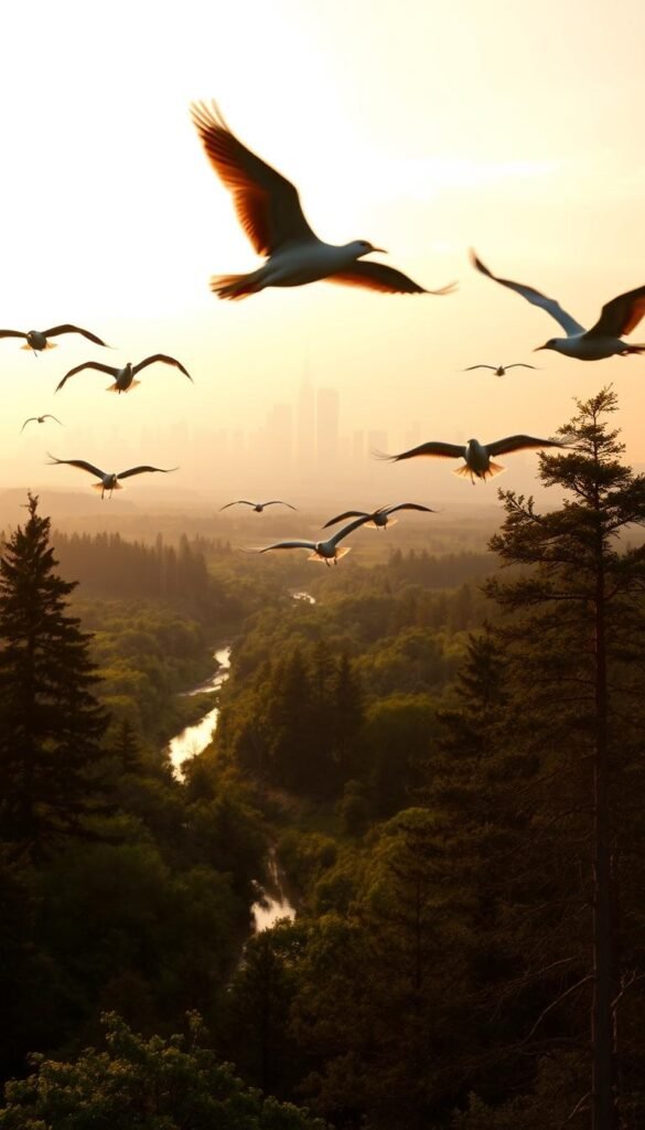 A serene nature scene depicting the challenges migratory birds face in conserving their habitats. In the foreground, a flock of birds in flight, their wings outstretched against a warm, golden-hued sky. In the middle ground, a lush, verdant forest landscape, with towering trees and a winding river. In the background, a silhouette of a high-rise city skyline, a symbol of the encroaching human development that threatens the birds' migratory paths. The lighting is soft and diffused, creating a dreamlike, contemplative atmosphere. Captured with a wide-angle lens to convey the vastness of the scene and the interconnectedness of the natural and man-made worlds.