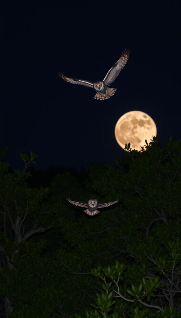 A serene night in the Florida wilderness, as a pair of silent hunters take flight. In the foreground, a majestic great horned owl soars effortlessly, its piercing gaze scanning the landscape for prey. The middle ground reveals a second owl, a barn owl, gliding silently through the shadows, its heart-shaped face and acute hearing attuned to the slightest movement. In the background, a full moon casts a soft, ethereal glow, illuminating the lush foliage and setting the stage for these nocturnal predators to thrive. The scene is captured through a wide-angle lens, allowing the viewer to fully immerse themselves in the tranquil, yet powerful, atmosphere of these "silent night hunters."