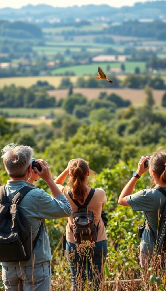 A serene outdoor scene of a small group of birdwatchers engaged in ethical, respectful birding practices. The foreground features a diverse group of enthusiasts, binoculars in hand, quietly observing birds in their natural habitat. The middle ground showcases a lush, verdant landscape with diverse flora, creating an immersive, naturalistic setting. The background gently blurs into a picturesque countryside, hinting at the broader ecosystem that sustains the avian life. Soft, diffused natural lighting casts a warm, inviting glow, capturing the peaceful, contemplative atmosphere. The composition emphasizes harmony between the observers and the observed, reflecting a deep appreciation and reverence for the natural world.