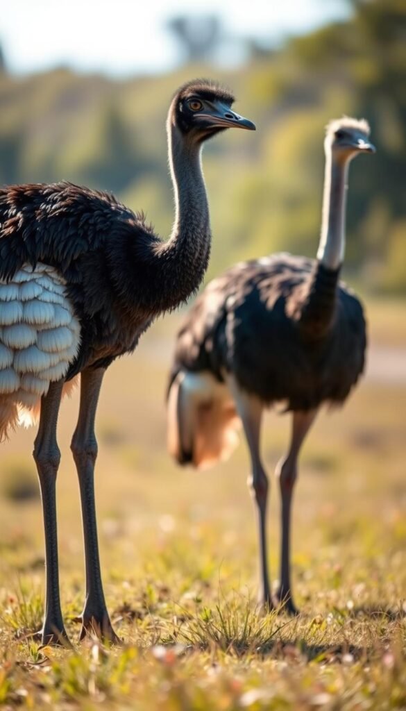 A serene scene of two flightless bird species, an emu and an ostrich, standing side by side in a tranquil, sun-dappled meadow. In the foreground, the emu and ostrich are captured in a crisp, detailed portrait, their distinctive features and plumage rendered with photorealistic precision. The middle ground showcases the birds' stately, imposing stances, conveying a sense of their impressive size and longevity. In the soft, blurred background, a lush, verdant landscape unfolds, hinting at the birds' natural habitats and the timeless cycle of life. The overall mood is one of quiet contemplation, inviting the viewer to appreciate the remarkable lifespans and dimensions of these majestic avian giants.