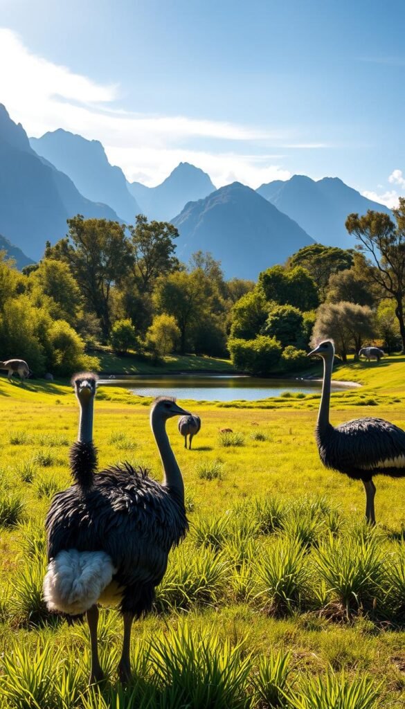 A serene, sun-dappled nature scene of a conservation sanctuary for flightless birds. In the foreground, a pair of graceful emus and ostriches stand in a lush, verdant meadow, their feathers glistening. The middle ground reveals a tranquil pond, its calm waters reflecting the surrounding foliage. In the background, towering mountains rise up, their peaks kissed by wispy clouds. Soft, warm lighting bathes the entire scene, creating an atmosphere of peaceful coexistence and protection. The camera angle is slightly elevated, allowing the viewer to appreciate the harmony of this carefully preserved habitat for these magnificent, endangered species.