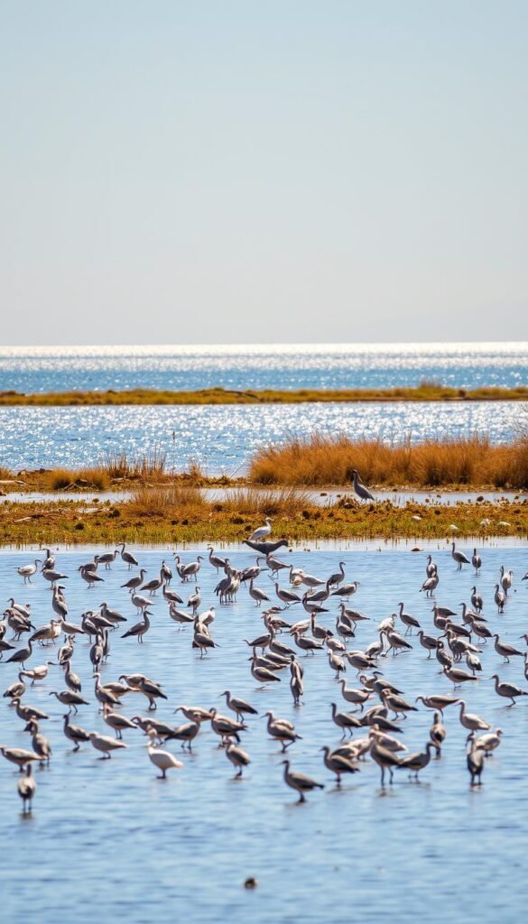 A serene wetland landscape at the Salton Sea, a unique birding destination in California. In the foreground, a diverse array of migratory and resident birds such as herons, egrets, and sandpipers wade through the shallow waters, their graceful movements captured in sharp focus. The middle ground features a tranquil shoreline dotted with reeds and other wetland vegetation, creating a natural habitat for these avian species. In the background, the vast expanse of the Salton Sea stretches out, its sparkling blue waters reflecting the warm, golden light of the California sun. The scene conveys a sense of peaceful coexistence between the vibrant birdlife and the serene, otherworldly environment of the Salton Sea.