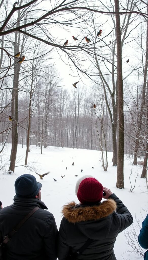 A serene winter landscape, a tranquil forest glade blanketed in pristine snow. In the foreground, a handful of birdwatchers bundled in warm coats and hats, their binoculars trained on the tree branches above. Amid the bare trees, a vibrant array of winter birds - chickadees, nuthatches, and woodpeckers - flutter and flit, their movements captured in a crisp, high-resolution image. The soft, diffused lighting filters through the overcast sky, casting a gentle, atmospheric glow over the scene. The overall mood is one of quiet contemplation and appreciation for the resilient beauty of nature, even in the depths of winter.