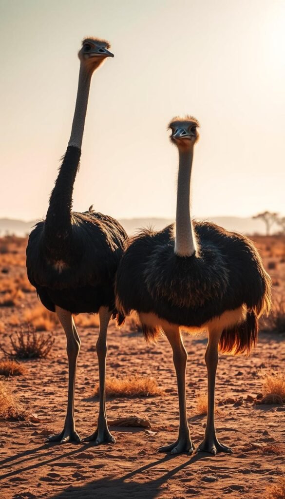 A side-by-side comparison of the towering, flightless emu and the broader, sturdier ostrich, set against a backdrop of a desolate, sun-bleached savanna. Warm, golden light bathes the scene, casting dramatic shadows that accentuate the birds' distinctive silhouettes and textures. The emu, with its long, slender neck and legs, stands tall and alert, while the ostrich, with its muscular, barrel-shaped body, appears more grounded and imposing. The camera angle is at eye level, allowing the viewer to appreciate the scale and presence of these iconic avian giants in their natural habitat.