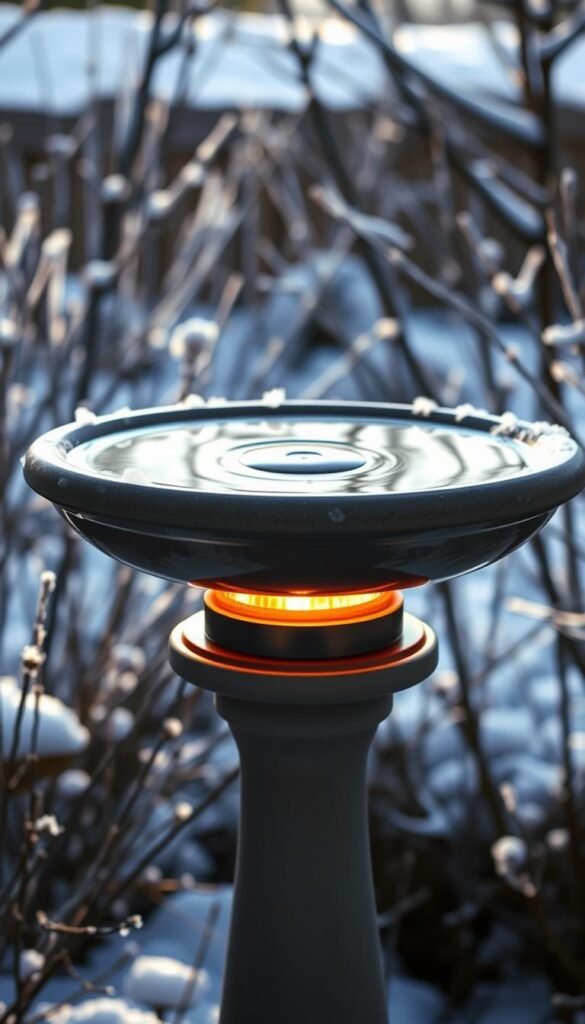 A simple, elegant birdbath heater gently warms the water, surrounded by a peaceful winter landscape. The heater's sleek, minimalist design blends seamlessly with the birdbath, casting a soft, amber glow. Delicate frost coats the edges, hinting at the season. The scene is bathed in cool, natural light, with shadows adding depth and dimension. The overall mood is one of tranquility and functionality, perfectly suited to keeping a backyard birdbath from freezing during the colder months.