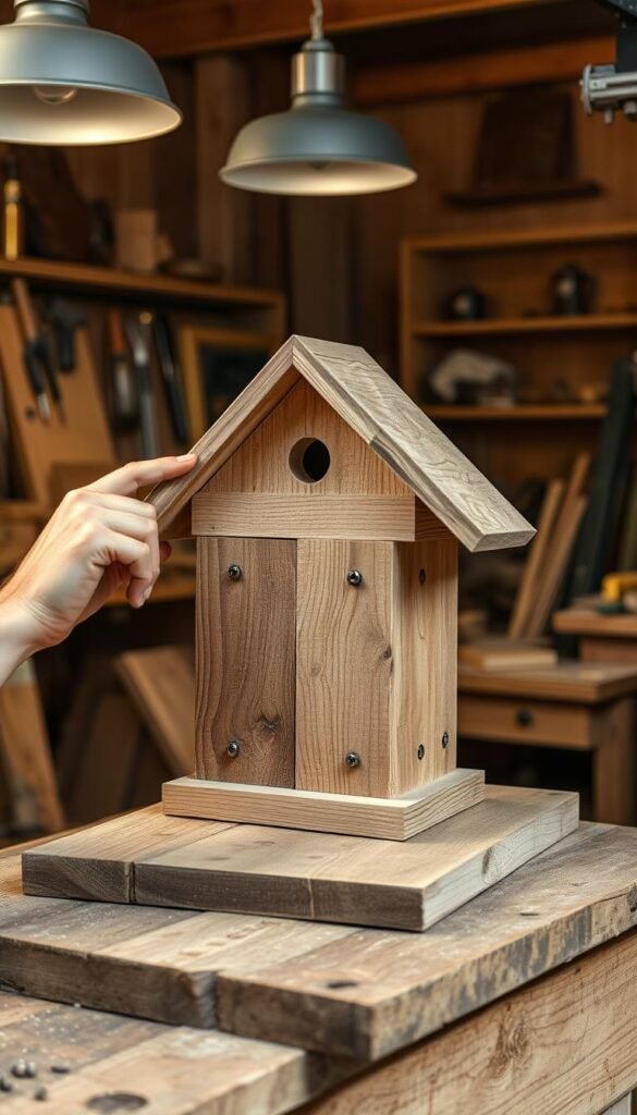 A skilled carpenter's hands carefully assembling a rustic wooden birdhouse on a wooden workbench in a cozy, well-lit workshop. The birdhouse's components - the back panel, side walls, and roof - are neatly arranged, ready to be joined with precision using small wood screws. Warm, diffused light from overhead lamps casts a soft glow, highlighting the natural grain and texture of the weathered, reclaimed wood. The workshop is tidy, with various woodworking tools and materials visible in the background, creating a sense of focus and craftsmanship. The resulting image conveys the satisfying process of carefully constructing a charming, handmade birdhouse.