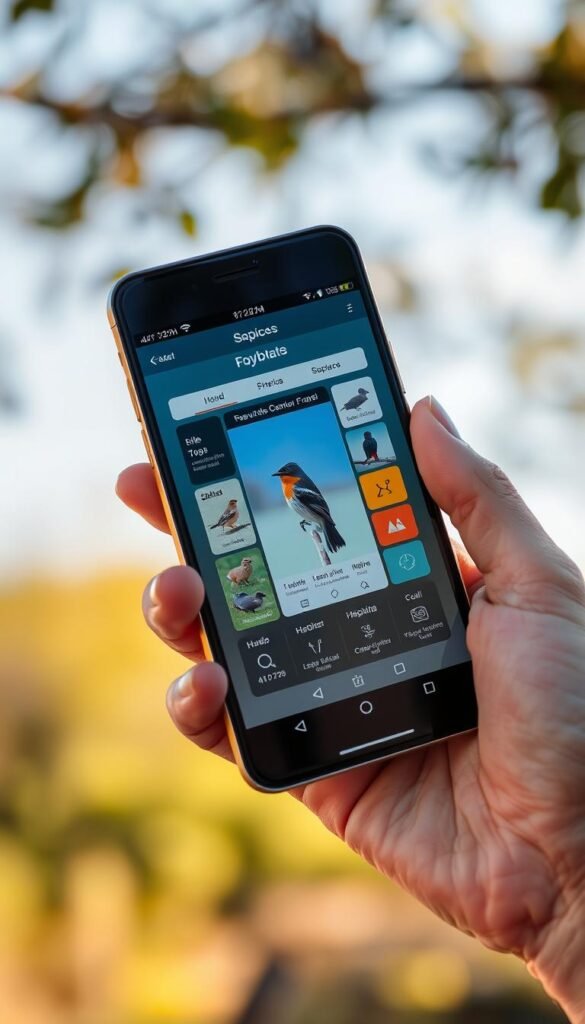 A sleek, modern smartphone held in a human hand, displaying a bird identification app's user interface on its vibrant, high-resolution screen. The app's interface features a central image of a bird, surrounded by various information panels showcasing details like the bird's species, characteristics, habitat, and call. The background is a softly blurred natural setting, suggesting an outdoor birding environment, with hints of lush greenery and a clear, blue sky. Gentle, warm lighting illuminates the scene, creating a sense of calm and focus on the technology-nature interaction. The overall composition emphasizes the seamless integration of the bird identification app into the real-world birding experience. A sleek, modern smartphone held in a human hand, displaying a bird identification app's user interface on its vibrant, high-resolution screen. The app's interface features a central image of a bird, surrounded by various information panels showcasing details like the bird's species, characteristics, habitat, and call. The background is a softly blurred natural setting, suggesting an outdoor birding environment, with hints of lush greenery and a clear, blue sky. Gentle, warm lighting illuminates the scene, creating a sense of calm and focus on the technology-nature interaction. The overall composition emphasizes the seamless integration of the bird identification app into the real-world birding experience.