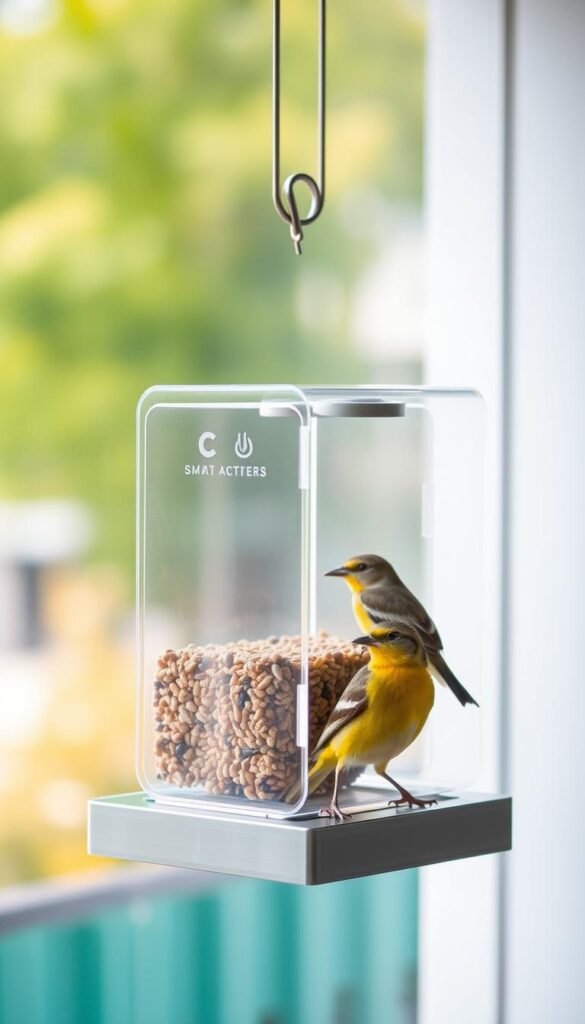 A sleek, modern window-mounted bird feeder with a clear acrylic housing and stainless steel accents. Attractive yet functional, with a smart, intuitive design that dispenses seed and attracts a variety of urban birds. The feeder is positioned on a window, offering an intimate, up-close view of the visiting songbirds. Soft, natural lighting floods the scene, highlighting the feeder's clean lines and the vibrant plumage of the feathered guests. The background is blurred, placing the focus entirely on the captivating interaction between human and avian worlds, a testament to the joys of urban birdwatching.