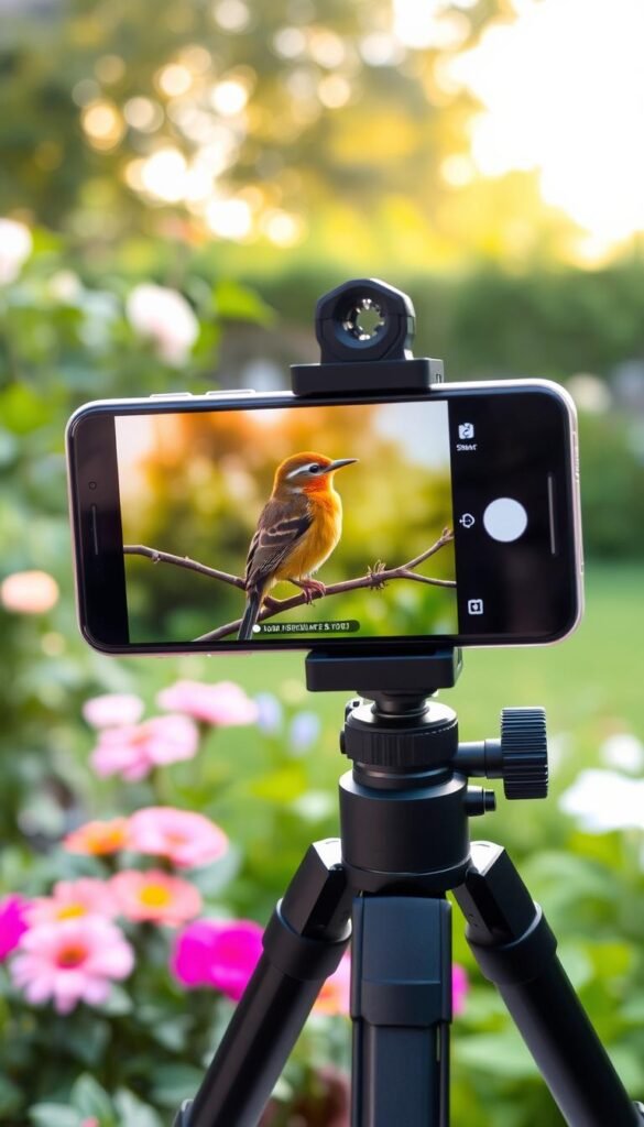 A smartphone equipped with a specialized bird photography lens is mounted on a compact tripod, stabilizing the camera for crisp, clear shots of a colorful songbird perched on a branch in the foreground. The bird is backlit by soft, diffused natural light, creating a warm, glowing effect. The middle ground features a lush, verdant garden with a variety of blooming flowers, while the background is blurred to maintain the focus on the avian subject. The overall atmosphere is one of peaceful tranquility, inviting the viewer to immerse themselves in the serene backyard scene.