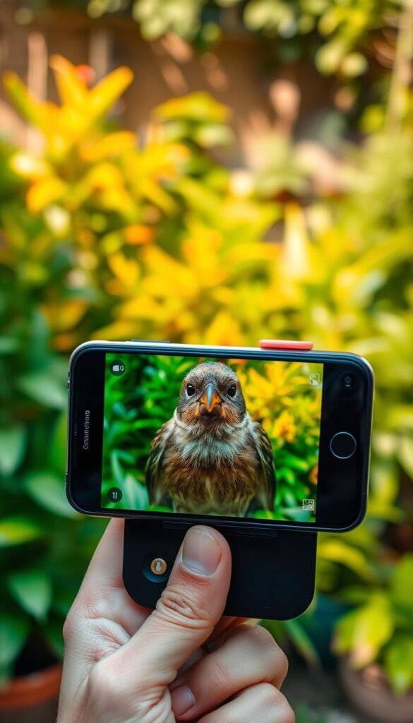 A smartphone held in a photographer's hand, angled towards a vibrant backyard filled with lush vegetation. The camera lens is zoomed in, capturing a close-up of a perched songbird, its feathers shimmering in the soft, natural lighting. The bird's eyes are sharp and alert, its beak slightly open, conveying a sense of movement and vitality. The background is blurred, creating a shallow depth of field that draws the viewer's attention to the subject. The overall composition is balanced and visually appealing, showcasing the potential of smartphone photography to capture stunning wildlife moments.