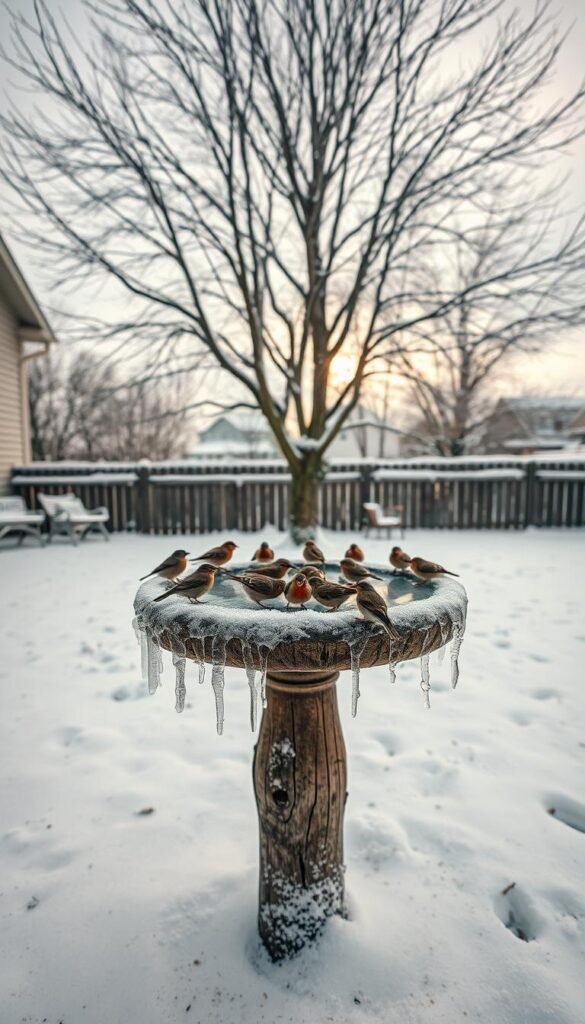 A snow-covered backyard, a weathered wooden birdbath in the foreground. Icicles hang from the rim, as a flock of small birds gather around, pecking at the ice-covered surface. In the middle ground, a leafless tree casts a delicate shadow over the scene. Subtle warm lighting filters through the overcast sky, creating a soft, tranquil atmosphere. The composition emphasizes the peaceful coexistence of nature's elements during the winter season. Captured with a wide-angle lens to showcase the serene, wintry setting.