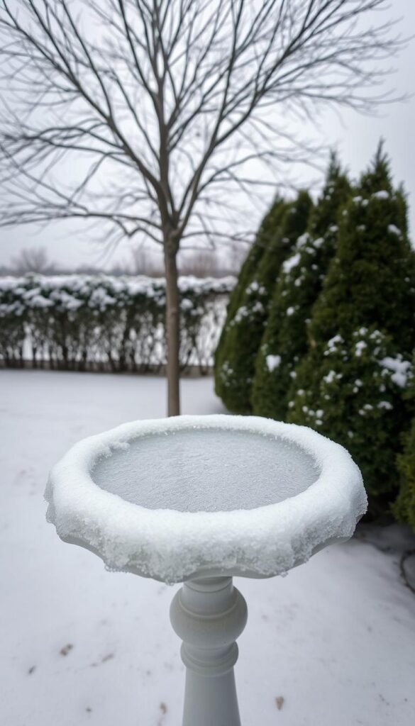 A snow-covered birdbath stands in the foreground, its surface glistening with a thin layer of ice. In the middle ground, a bare tree branches reach up towards the overcast winter sky, while in the background, a row of evergreen shrubs provides a natural backdrop. The overall scene conveys a sense of stillness and tranquility, with subtle hints of the approaching cold season. The lighting is soft and diffused, creating a serene and contemplative atmosphere. The camera angle is slightly elevated, allowing the viewer to observe the birdbath from an elevated perspective, emphasizing its importance as the focal point of the image.