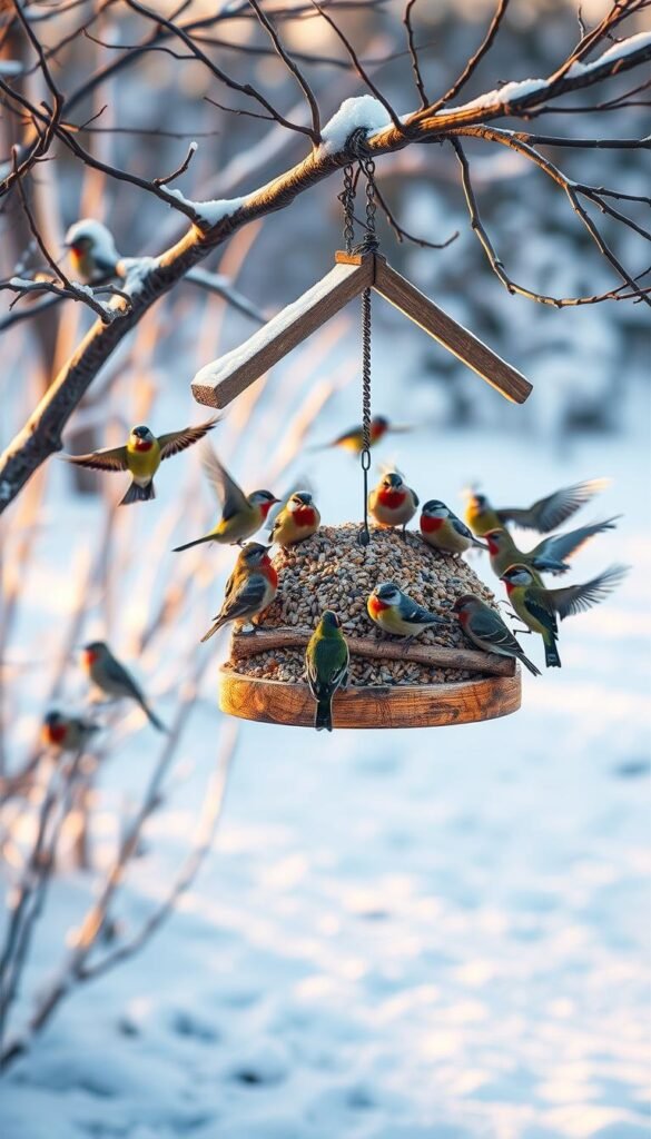 A snowy winter landscape, with a rustic wooden bird feeder hanging from a leafless tree branch. The feeder is filled with a variety of bird seed, attracting a flock of colorful songbirds, such as chickadees, finches, and nuthatches. The birds are perched on the feeder, flapping their wings and chirping, creating a lively and vibrant scene. The soft, warm lighting from the setting sun casts a golden glow over the scene, adding to the cozy and inviting atmosphere. In the background, a dusting of snow covers the ground, creating a peaceful and serene backdrop for the bird-filled feeder.