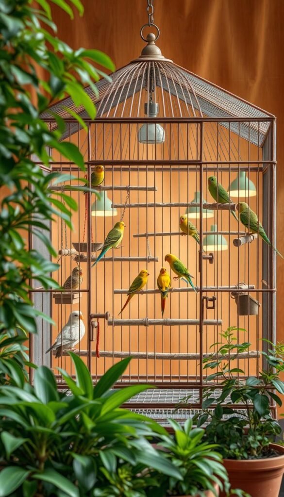 A spacious bird cage set against a warm, natural backdrop. The cage is meticulously designed, featuring various perches, swings, and toys to stimulate the birds' natural behaviors. Soft, diffused lighting filters through the large windows, casting a gentle glow on the scene. The cage's structure is crafted from sturdy, rust-resistant materials, providing a safe and secure environment. Lush greenery and potted plants surround the setup, creating a tranquil, biophilic atmosphere. The overall composition conveys a sense of balance, harmony, and consideration for the birds' well-being, setting the stage for a positive introduction and integration into the new flock.