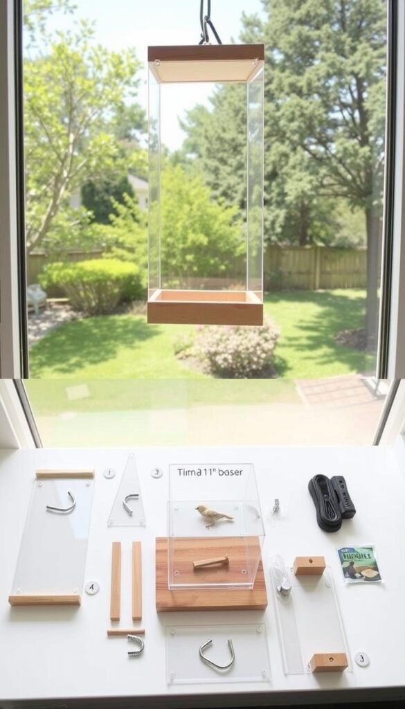 A step-by-step visual guide for constructing a DIY window bird feeder. The foreground shows a bird feeder being assembled, with various parts laid out neatly - wooden base, clear acrylic sides, metal hanging hook. The middle ground features a step-by-step illustration of the assembly process, with numbered stages. The background showcases a tranquil outdoor scene, with a lush garden, trees, and a clear blue sky. Bright, natural lighting illuminates the scene, creating a warm, inviting atmosphere. The overall composition conveys a sense of simplicity, functionality, and connection with nature - perfect for guiding readers through the process of building their own window-mounted bird feeding station.