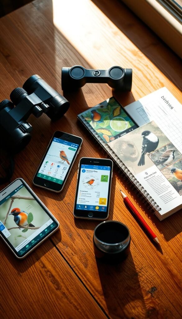 A still life of various birding apps displayed on a wooden table, with a pair of binoculars, a field guide, and a notebook alongside. The apps are open on a smartphone and tablet, showcasing their user-friendly interfaces and key features. Warm, natural lighting floods the scene, creating a cozy, inviting atmosphere. The composition emphasizes the seamless integration of technology and traditional birdwatching tools, conveying the versatility and accessibility of these modern birding resources.