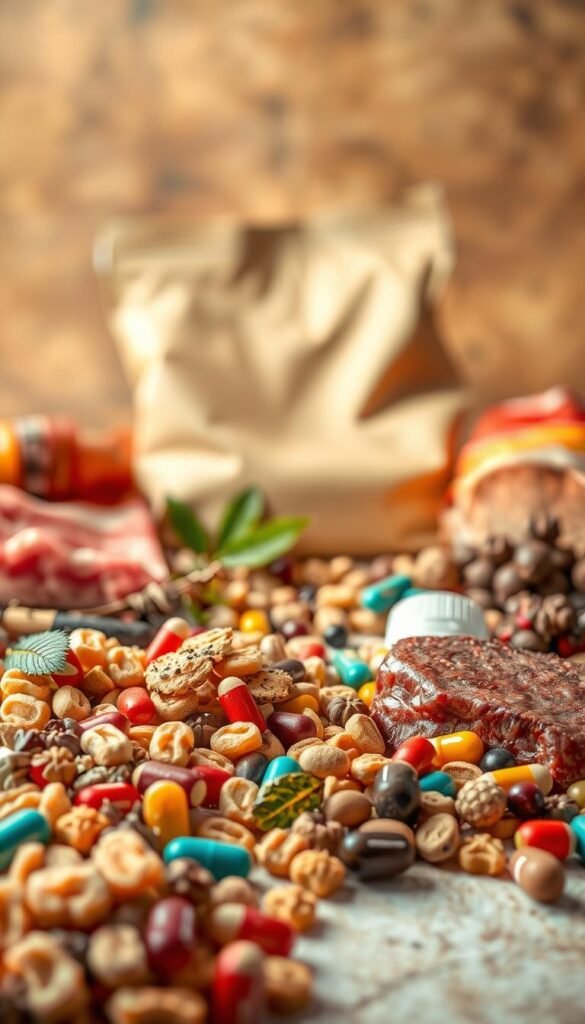 A still life with an arrangement of various pet food ingredients and supplements, captured in a warm, soft-focus lighting. In the foreground, vibrant kibble, freeze-dried meats, and colorful vitamin capsules are meticulously placed. The middle ground features an open bag of high-quality pet food, with scattered leaves, berries, and herbs to symbolize natural, wholesome nutrition. The background is a blurred, earthy-toned backdrop, evoking a sense of nourishment and wellness. The overall composition emphasizes the essential nutrients required for optimal pet health, creating a visually appealing and informative illustration.