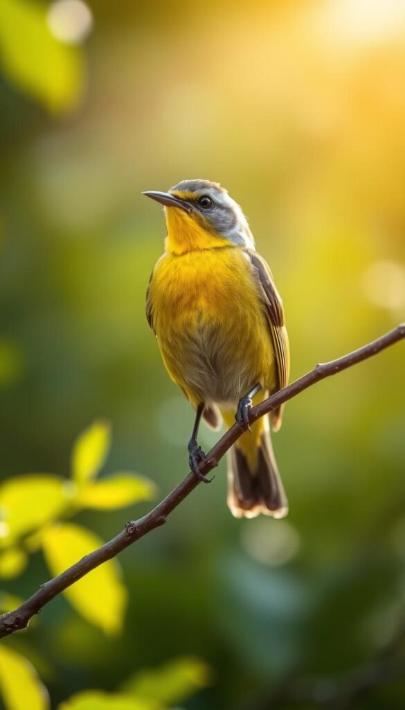 A striking Yellow-Throated Vireo perched gracefully on a branch, its vibrant yellow throat and olive-green back catching the soft, warm glow of natural sunlight. The bird's dark crown and eye stripe create a striking contrast, while its slender beak is slightly open, as if singing its melodious tune. The scene is set against a blurred, atmospheric background of lush, verdant foliage, creating a serene, naturalistic composition that highlights the bird's subtle, yet captivating beauty.