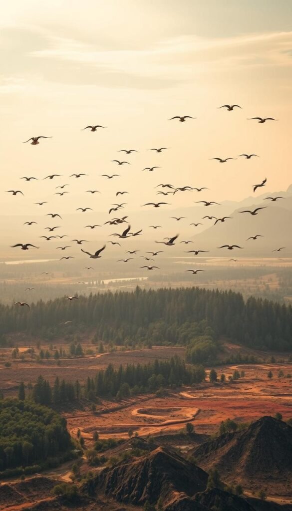A stunning aerial view of migratory birds navigating a dramatically altered landscape. In the foreground, flocks of birds soar against a hazy, vibrant sky, their wingbeats creating a captivating choreography. The middle ground reveals patches of lush forest, now interspersed with barren, scorched terrain - a testament to the ravages of climate change. In the distance, mountain peaks stand as silent witnesses, their snowcaps diminished, hinting at the broader environmental transformation. Soft, diffused lighting casts a melancholic yet thought-provoking mood, urging the viewer to contemplate the delicate balance of nature and the urgent need for conservation.