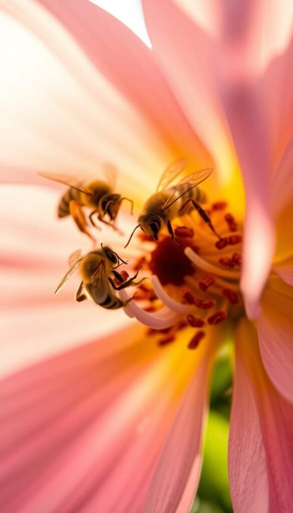 A stunning close-up of a flower blossom, its delicate petals illuminated by soft, warm sunlight. Anthers and stamens are magnified, showcasing the intricate dance of pollen grains as they are transferred between flowers by industrious bees. The camera angle captures the interaction from an insect's perspective, immersing the viewer in the vibrant, pollinator-friendly garden. The background is gently blurred, allowing the flower's vibrant colors and textures to take center stage. The overall mood is one of natural wonder and appreciation for the essential role of pollinators in sustaining a healthy, thriving ecosystem.