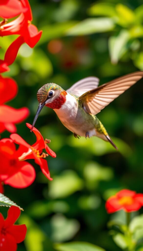 A stunning close-up of a hummingbird feeding on vibrant red flowers, its iridescent feathers shimmering in the warm sunlight. The bird hovers gracefully, its long tongue delicately sipping nectar from the delicate petals. The scene is framed by a lush, blurred garden backdrop, creating a sense of depth and lush, inviting atmosphere. The lighting is soft and natural, highlighting the bird's intricate details and the vibrant colors of the flowers. The camera angle is positioned at eye level, drawing the viewer into the moment and emphasizing the intimate connection between the hummingbird and its food source.