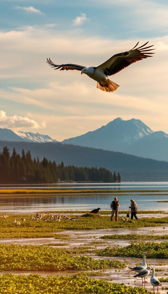 A stunning landscape of the Puget Sound region, showcasing key conservation initiatives. In the foreground, a bald eagle soars gracefully over lush wetlands teeming with birds. In the middle ground, a team of researchers collects data, monitoring the health of the local ecosystem. The background features the majestic Olympic Mountains, their snow-capped peaks reflecting in the calm waters of the sound. Warm, golden sunlight filters through wispy clouds, creating a serene and tranquil atmosphere. The scene conveys the importance of ongoing efforts to protect and preserve the fragile habitats of the Pacific Northwest.