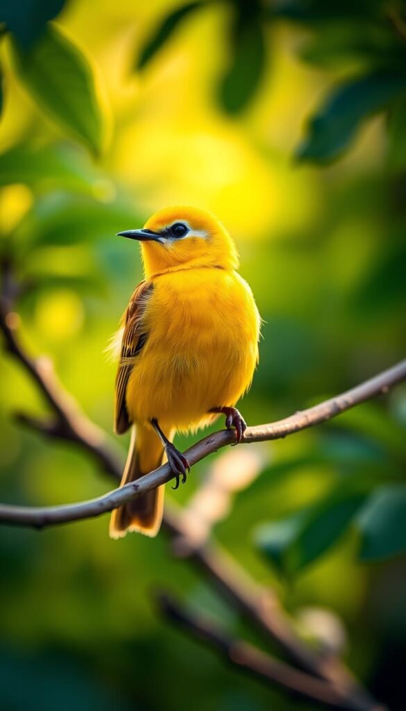A stunning prothonotary warbler perched on a branch, its vibrant golden plumage shimmering in the soft, warm morning light. The bird's striking black eye and crisp white cheeks create a striking contrast against the deep green foliage of the lush, verdant forest backdrop. The scene is captured with a shallow depth of field, gently blurring the surrounding elements and focusing the viewer's attention on the captivating avian subject. The overall composition evokes a sense of tranquility and natural beauty, perfectly encapsulating the essence of this "Golden Gem" of the bird world.
