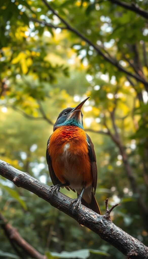 A stunning scene depicting the ecological significance of bird songs. In the foreground, a vibrant songbird perches on a branch, its throat pulsing as it belts out a melodic tune. The middle ground features a lush, verdant forest canopy, hinting at the diverse avian habitats. In the background, a soft, golden light filters through the foliage, creating a warm, inviting atmosphere. The composition is framed by a wide-angle lens, capturing the interconnectedness of the bird's song within its natural environment. The scene conveys the vital role bird vocalizations play in communication, territoriality, and the overall health of the ecosystem.