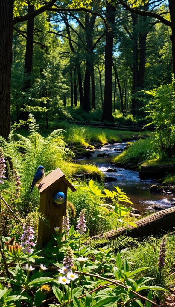 A sun-dappled forest glade with lush, verdant undergrowth. In the foreground, a pair of Eastern bluebirds flit from branch to branch, their iridescent blue plumage catching the warm rays of sunlight. The birds perch on a weathered wooden birdhouse, nestled amidst a tangle of wildflowers and ferns. In the middle ground, a meandering stream reflects the tranquil scene, its banks lined with mossy rocks and fallen logs. The background is a dense forest of towering oaks and maples, their branches filtering the light to create a soft, natural spotlight on the bluebirds' natural habitat.