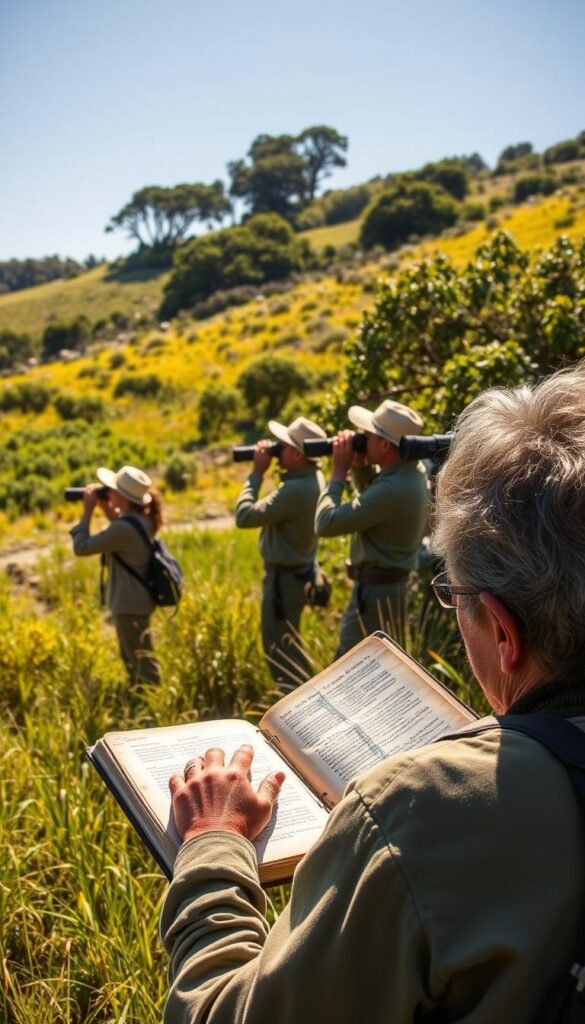 A sun-dappled meadow in California's verdant coastal hills, where a group of avid bird-watchers, dressed in muted greens and tans, intently observe the vibrant avian life through binoculars and cameras. In the foreground, a birder jots down notes in a weathered field journal, while others scan the treetops and dense underbrush for glimpses of elusive songbirds. The warm, golden light filters through the lush foliage, creating a serene and contemplative atmosphere, as the bird-watchers immerse themselves in the wonder of California's diverse avian inhabitants.