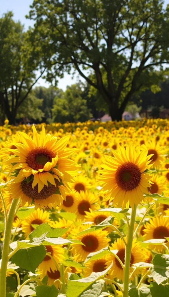 A sun-dappled sunflower field, its vibrant blooms reaching skyward, creates a welcoming sanctuary for a variety of bird species. In the foreground, a cluster of sunflowers sways gently in a warm, golden light, their large, intricate petals unfolding to reveal plump, seed-filled centers. In the middle ground, the field stretches out, its undulating waves of yellow petals creating a tapestry of texture and color. In the background, a few trees provide sheltered perches, their lush foliage casting dappled shadows across the scene. The overall atmosphere is one of natural abundance and tranquility, inviting birds to feast on the plentiful seeds and bask in the serene, sun-kissed setting.