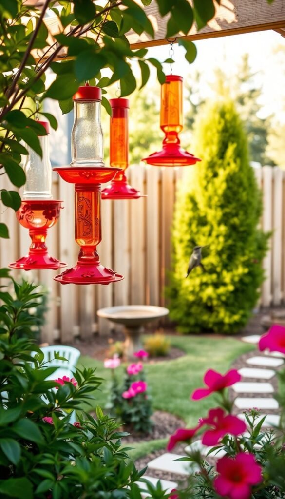 A sunny backyard scene, with multiple hummingbird feeders hung from a wooden arbor. The feeders are vibrant red, with intricate floral designs, filled with a sweet nectar solution. In the foreground, lush green foliage frames the feeders, creating a natural, inviting environment. Midground features a birdbath and a few flowering plants, drawing in the hummingbirds. The background showcases a picturesque wooden fence, with a winding garden path leading to the setup. Warm, diffused lighting casts a gentle glow, enhancing the tranquil, idyllic atmosphere. The camera angle is slightly elevated, capturing the scene in a thoughtfully composed, aesthetic manner.