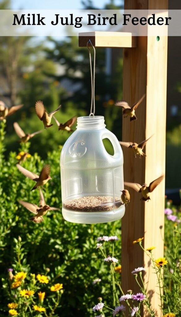 A sunny, warm outdoor scene with an adorable milk jug bird feeder hanging from a wooden post. The feeder is made from a clear plastic milk jug with perches carved into the sides and a hole cut in the top for birdseed. Surrounding the feeder are lush, green bushes and a scattering of colorful wildflowers. The birds happily flock to the feeder, their wings spread as they come in for a landing. Soft, diffused lighting illuminates the scene, casting long shadows and creating a tranquil, inviting atmosphere perfect for a DIY nature project.